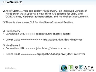 | ©2012, Cognizant
HiveServer2
 As of CDH4.1, you can deploy HiveServer2, an improved version of
HiveServer that supports a new Thrift API tailored for JDBC and
ODBC clients, Kerberos authentication, and multi-client concurrency.
 There is also a new CLI for HiveServer2 named BeeLine.
 HiveServer2
 Connection URL ===== jdbc:hive2://<host>:<port>
 Driver Class =========== org.apache.hive.jdbc.HiveDriver
 HiveServer1
 Connection URL ===== jdbc:hive://<host>:<port>
 Driver Class ========org.apache.hadoop.hive.jdbc.HiveDriver
 
