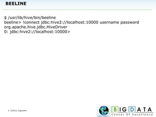 | ©2012, Cognizant
BEELINE
$ /usr/lib/hive/bin/beeline
beeline> !connect jdbc:hive2://localhost:10000 username password
org.apache.hive.jdbc.HiveDriver
0: jdbc:hive2://localhost:10000>
 