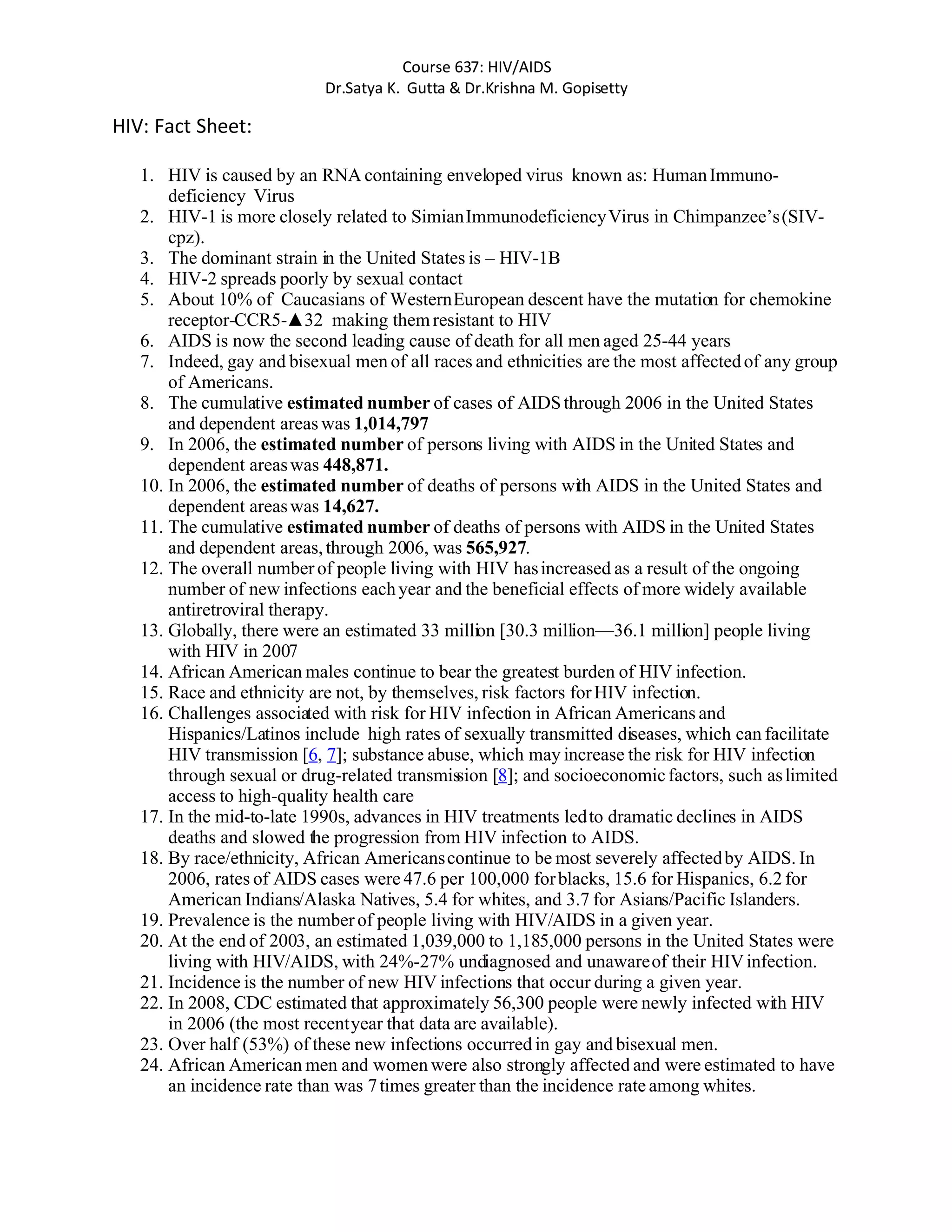 HIV/ AIDS Fact Sheet | DOC