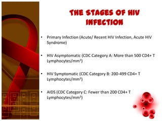 The Stages of HIV
                   Infection
• Primary Infection (Acute/ Recent HIV Infection, Acute HIV
  Syndrome)

• HIV Asymptomatic (CDC Category A: More than 500 CD4+ T
  Lymphocytes/mm3)

• HIV Symptomatic (CDC Category B: 200-499 CD4+ T
  Lymphocytes/mm3)

• AIDS (CDC Category C: Fewer than 200 CD4+ T
  Lymphocytes/mm3)
 