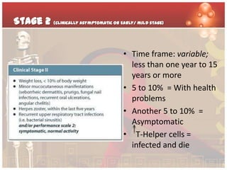 Stage 2 (Clinically Asymptomatic or Early/ mild stage)


                                       • Time frame: variable;
                                         less than one year to 15
                                         years or more
                                       • 5 to 10% = With health
                                         problems
                                       • Another 5 to 10% =
                                         Asymptomatic
                                       • T-Helper cells =
                                         infected and die
 