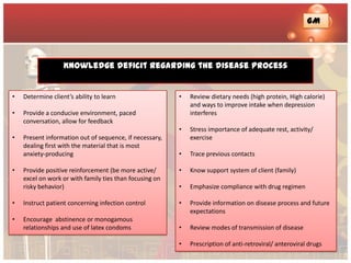 GM




                   Knowledge deficit regarding the disease process


•   Determine client’s ability to learn                  •   Review dietary needs (high protein, High calorie)
                                                             and ways to improve intake when depression
•   Provide a conducive environment, paced                   interferes
    conversation, allow for feedback
                                                         •   Stress importance of adequate rest, activity/
•   Present information out of sequence, if necessary,       exercise
    dealing first with the material that is most
    anxiety-producing                                    •   Trace previous contacts

•   Provide positive reinforcement (be more active/      •   Know support system of client (family)
    excel on work or with family ties than focusing on
    risky behavior)                                      •   Emphasize compliance with drug regimen

•   Instruct patient concerning infection control        •   Provide information on disease process and future
                                                             expectations
•   Encourage abstinence or monogamous
    relationships and use of latex condoms               •   Review modes of transmission of disease

                                                         •   Prescription of anti-retroviral/ anteroviral drugs
 