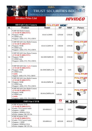 Hivideo Price List
HD Full-Color Camera
SL Product Model DP MRP Picture
01
▪ 2MP HD Bullet Camera
(1 YEAR WARRANTY)
▪ Support: WDR
▪ 3.6MM Lens
▪ Support: AHD, CVI, TVI, CBVS
HI-B13A2MPH 1250.00 1250.00
03
▪ 2MP HD full Color Bullet Camera
(1 YEAR WARRANTY)
▪ Support: WDR
▪ 3.6MM Lens
▪ Support: AHD, CVI, TVI, CBVS
HI-B13A2MPH-W 1300.00 1450.00
04
▪ 2MP HD full Color Dome Camera
(1 YEAR WARRANTY)
▪ Support: WDR
▪ 3.6MM Lens
▪ Support: AHD, CVI, TVI, CBVS
HI-509F2MPH-W 1350.00 1550.00
05
▪ 2MP HD full Color Audio Camera
(1 YEAR WARRANTY)
▪ Support: WDR
▪ 3.6MM Lens
▪ Audio
Support: AHD, CVI, TVI, CBVS
HI-509F2MPGA-W 1580 1850
06
▪ 2MP HD full Color Bullet Camera
(1 YEAR WARRANTY)
▪ Support: WDR
▪ 3.6MM Lens
▪ Support: AHD, CVI, TVI, CBVS
HI-88A2MPH-W
1380.00 1650
▪ 2MP HD full Color Bullet Camera
(1 YEAR WARRANTY)
▪ Support: WDR
▪ 3.6MM Lens
▪ Audio
▪ Support: AHD, CVI, TVI, CBVS
HI-88A2MPHA-W
1650.00 2050
5MP 5-in-1 XVR
01
▪ 5MP 4Channel XVR
(1 YEAR WARRANTY)
▪ Audio: TVI Coaxial Audio
▪ Support: 1 HDD
▪ Support: HDMI & VGA
▪ Power Adapter: DC12V/2A
HI-6004A-E 3150.00 3250
02
▪ 5MP 8Channel XVR
(1 YEAR WARRANTY)
▪ Audio: TVI Coaxial Audio
▪ Support: 1 HDD
▪ Support: HDMI & VGA
▪ Power Adapter: DC12V/2A
HI-6008A-E 4050.00 4050.00
 