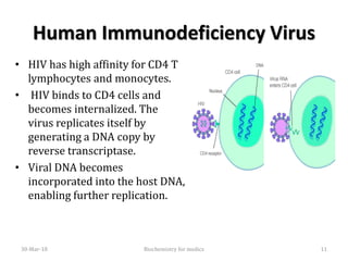 Human Immunodeficiency Virus
• HIV has high affinity for CD4 T
lymphocytes and monocytes.
• HIV binds to CD4 cells and
becomes internalized. The
virus replicates itself by
generating a DNA copy by
reverse transcriptase.
• Viral DNA becomes
incorporated into the host DNA,
enabling further replication.
30-Mar-18 11Biochemistry for medics
 