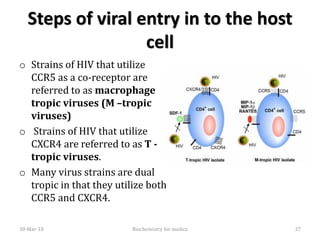 Steps of viral entry in to the host
cell
o Strains of HIV that utilize
CCR5 as a co-receptor are
referred to as macrophage
tropic viruses (M –tropic
viruses)
o Strains of HIV that utilize
CXCR4 are referred to as T -
tropic viruses.
o Many virus strains are dual
tropic in that they utilize both
CCR5 and CXCR4.
30-Mar-18 Biochemistry for medics 37
 