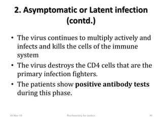 2. Asymptomatic or Latent infection
(contd.)
• The virus continues to multiply actively and
infects and kills the cells of the immune
system
• The virus destroys the CD4 cells that are the
primary infection fighters.
• The patients show positive antibody tests
during this phase.
30-Mar-18 49Biochemistry for medics
 