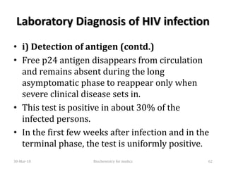 Laboratory Diagnosis of HIV infection
• i) Detection of antigen (contd.)
• Free p24 antigen disappears from circulation
and remains absent during the long
asymptomatic phase to reappear only when
severe clinical disease sets in.
• This test is positive in about 30% of the
infected persons.
• In the first few weeks after infection and in the
terminal phase, the test is uniformly positive.
30-Mar-18 62Biochemistry for medics
 