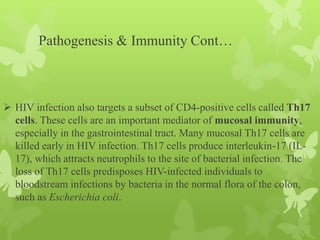 Pathogenesis & Immunity Cont…
 HIV infection also targets a subset of CD4-positive cells called Th17
cells. These cells are an important mediator of mucosal immunity,
especially in the gastrointestinal tract. Many mucosal Th17 cells are
killed early in HIV infection. Th17 cells produce interleukin-17 (IL-
17), which attracts neutrophils to the site of bacterial infection. The
loss of Th17 cells predisposes HIV-infected individuals to
bloodstream infections by bacteria in the normal flora of the colon,
such as Escherichia coli.
 