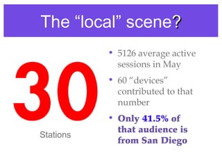 The “local” scene??
• 5126 average active
sessions in May
• 60 “devices”
contributed to that
number
• Only 41.5% of
that a...