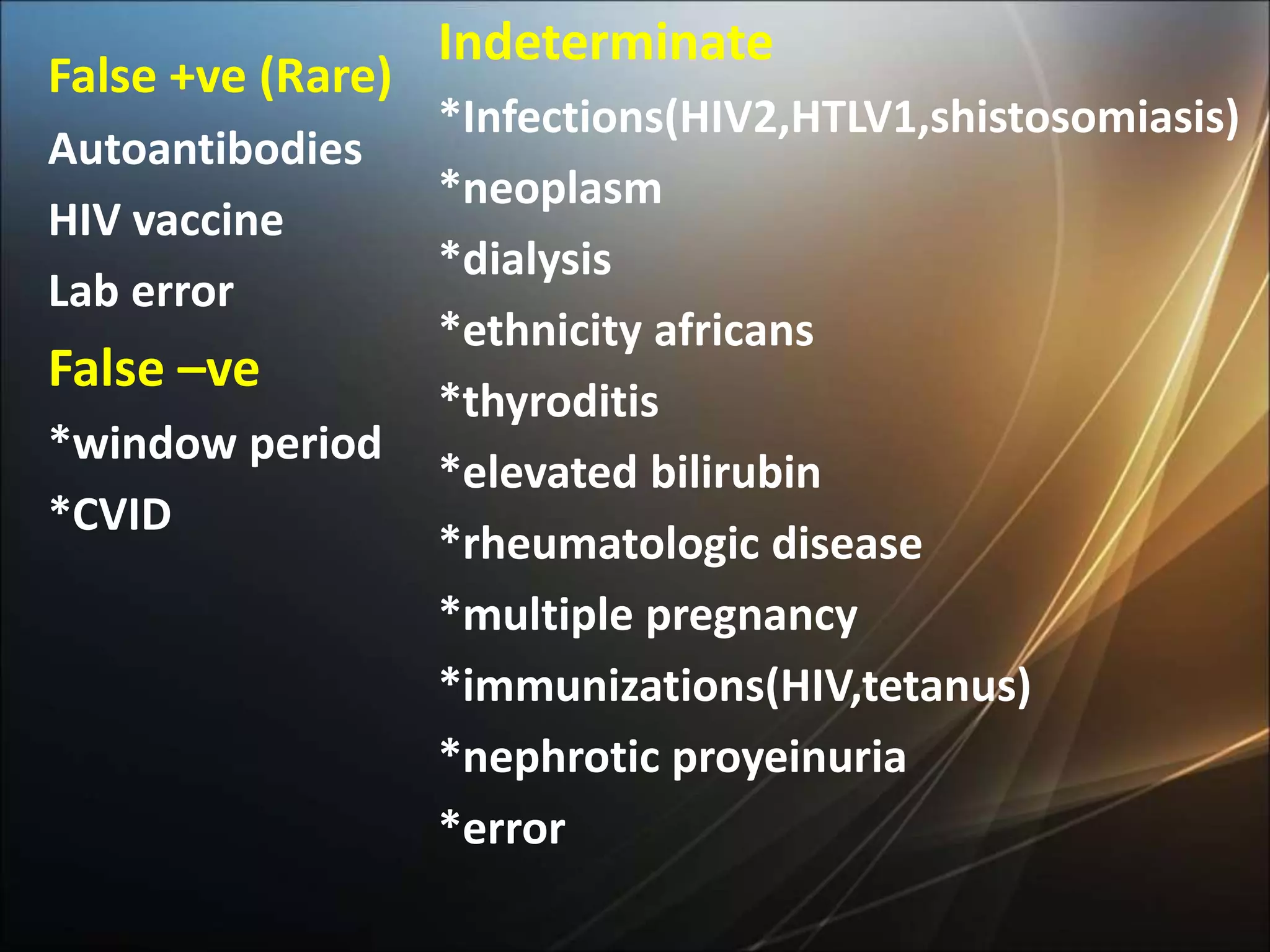 False +ve (Rare)
Autoantibodies
HIV vaccine
Lab error
False –ve
*window period
*CVID
Indeterminate
*Infections(HIV2,HTLV1,shistosomiasis)
*neoplasm
*dialysis
*ethnicity africans
*thyroditis
*elevated bilirubin
*rheumatologic disease
*multiple pregnancy
*immunizations(HIV,tetanus)
*nephrotic proyeinuria
*error
 