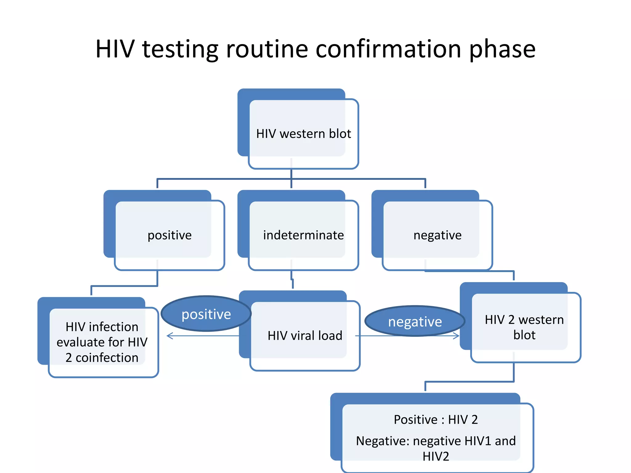 HIV testing routine confirmation phase
HIV western blot
positive
HIV infection
evaluate for HIV
2 coinfection
indeterminate
HIV viral load
negative
HIV 2 western
blot
Positive : HIV 2
Negative: negative HIV1 and
HIV2
positive negative
 