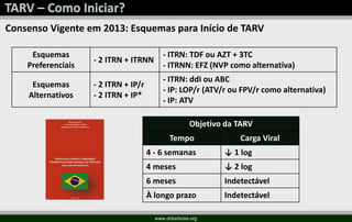 Consenso Vigente em 2013: Esquemas para Início de TARV
Esquemas
Preferenciais
- 2 ITRN + ITRNN
- ITRN: TDF ou AZT + 3TC
- ITRNN: EFZ (NVP como alternativa)
Esquemas
Alternativos
- 2 ITRN + IP/r
- 2 ITRN + IP*
- ITRN: ddI ou ABC
- IP: LOP/r (ATV/r ou FPV/r como alternativa)
- IP: ATV
Objetivo da TARV
Tempo Carga Viral
4 - 6 semanas ↓ 1 log
4 meses ↓ 2 log
6 meses Indetectável
À longo prazo Indetectável
www.drbarbosa.org
 