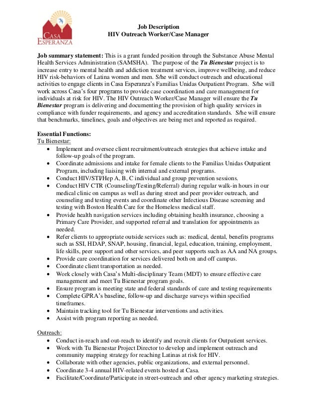 Casa Esperanza, Inc. HIV Outreach Case Manager Job Description