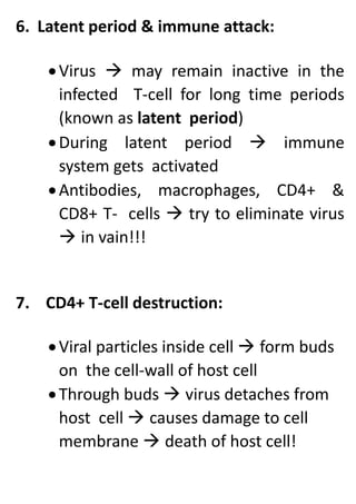 6. Latent period & immune attack:
Virus  may remain inactive in the
infected T-cell for long time periods
(known as latent period)
During latent period  immune
system gets activated
Antibodies, macrophages, CD4+ &
CD8+ T- cells  try to eliminate virus
 in vain!!!
7. CD4+ T-cell destruction:
Viral particles inside cell  form buds
on the cell-wall of host cell
Through buds  virus detaches from
host cell  causes damage to cell
membrane  death of host cell!
 