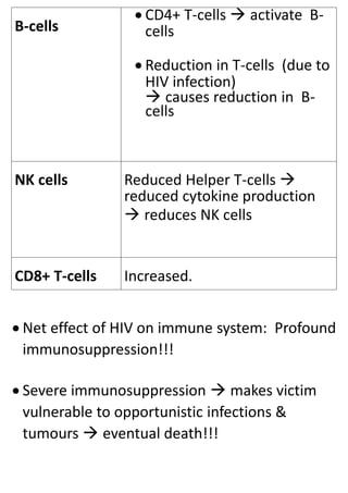B-cells
 CD4+ T-cells  activate B-
cells
 Reduction in T-cells (due to
HIV infection)
 causes reduction in B-
cells
NK cells Reduced Helper T-cells 
reduced cytokine production
 reduces NK cells
CD8+ T-cells Increased.
 Net effect of HIV on immune system: Profound
immunosuppression!!!
 Severe immunosuppression  makes victim
vulnerable to opportunistic infections &
tumours  eventual death!!!
 