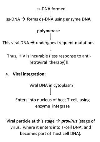 ss-DNA formed
ss-DNA  forms ds-DNA using enzyme DNA
polymerase
This viral DNA  undergoes frequent mutations
Thus, HIV is incurable (less response to anti-
retroviral therapy)!!
4. Viral integration:
Viral DNA in cytoplasm
Enters into nucleus of host T-cell, using
enzyme integrase
Viral particle at this stage  provirus (stage of
virus, where it enters into T-cell DNA, and
becomes part of host cell DNA).
 