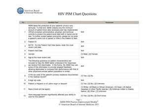 HIV PIM Chart Questions

No.                                 Question Text                                                               Responses

          ABIM takes the protection of your patients' privacy very
          seriously. To that end, ABIM collects only the minimum
          amount of patient-level data necessary and has implemented
      1   HIPAA-compliant administrative, physical, and technical              N/A
          controls to protect the patient-level data both in transit and at
          rest. To further protect patient anonymity, please do not enter
          a patient's name (full or partial) or SSN in the Patient ID field.
      2   Patient ID                                                           N/A
          NOTE: For the Patient Visit Date below, enter the most
      3                                                                        N/A
          recent visit date.
      4   Patient Visit Date                                                   N/A
      5   Gender:                                                              [1] Male | [2] Female
      6   Age at the most recent visit:                                        N/A
          The following questions on patient characteristics are
          included to help the ABIM better understand the responses
          we receive from diplomates. In the future, the ABIM may use
      7                                                                        N/A
          some of this information to provide targeted feedback,
          allowing diplomates to compare their performance with that of
          other physicians whose patient population is similar.
          Is the zip code of the patient's primary residence documented
      8                                                                        [1] Yes | [2] No
          in the medical record?
      9   5-digit zip code:                                                    N/A
 10       Patient is Hispanic or of Latino origin or descent:                  [1] Yes | [2] No | [3] Unknown
                                                                               [1] White | [2] Black or African American | [3] Asian | [4] Native
 11       Race (check all that apply):                                         Hawaiian or other Pacific Islander | [5] American Indian or Alaska
                                                                               Native | [6] Other | [7] Unknown
          Have language barriers significantly affected your ability to
 12                                                                            [1] Yes | [2] No | [3] Don't know
          care for this patient?
                                                                          Page 1.
                                                    ABIM PIM Practice Improvement Module®
                                                    © American Board of Internal Medicine 2011
 
