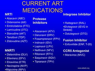 www.aidsetc.org
CURRENT ART
MEDICATIONS
NRTI
 Abacavir (ABC)
 Didanosine (ddI)
 Emtricitabine (FTC)
 Lamivudine (3TC)
 Stavudine (d4T)
 Tenofovir (TDF)
 Zidovudine (AZT)
NNRTI
 Delavirdine (DLV)
 Efavirenz (EFV)
 Etravirine (ETR)
 Nevirapine (NVP)
Rilpivirine (RPV)
Protease
Inhibitors
 Atazanavir (ATV)
 Darunavir (DRV)
 Fosamprenavir (FPV)
 Indinavir (IDV)
 Lopinavir (LPV)
 Nelfinavir (NFV)
 Ritonavir (RTV)
 Saquinavir (SQV)
 Tipranavir (TPV)
Integrase Inhibitor
 Raltegravir (RAL)
Elvitegravir (iEVG in
Stribild)
 Dolutegravir (DTG)
Fusion Inhibitor
 Enfuvirtide (ENF, T-20)
CCR5 Antagonist
 Maraviroc (MVC)
 