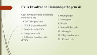 Cells Involved in Immunopathogenesis
Cells having key role in immune
mechanism are
1.CD4 T (helper) cells
2. CD8 T (cytotoxic) cells
3. Dendritic cells (DC)
4. Langerhans cells
5. Follicular dendritic cells
(FDC)
6.Macrophages
7. Monocytes
8. B-cells
9. Natural killer cells
10. Microglia
11. Oligodendrocytes
12. Retinal cells
 
