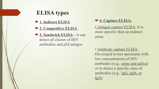 ELISA types
 1. Indirect ELISA
 2. Competitive ELISA
 3. Sandwich ELISA—it can
detect all classes of HIV
antibodies and p24 antigen
 4. Capture ELISA:
• Antigen capture ELISA: It is
more specific than an indirect
assay.
• Antibody capture ELISA:
Developed to test specimens with
low concentrations of HIV
antibodies (e.g., urine and saliva)
or to detect a specific class of
antibodies (e.g., IgG, IgM, or
IgA)
 