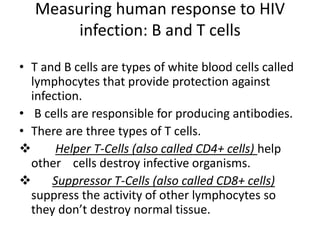 Measuring human response to HIV 
infection: B and T cells 
• T and B cells are types of white blood cells called 
lymphocytes that provide protection against 
infection. 
• B cells are responsible for producing antibodies. 
• There are three types of T cells. 
 Helper T-Cells (also called CD4+ cells) help 
other cells destroy infective organisms. 
 Suppressor T-Cells (also called CD8+ cells) 
suppress the activity of other lymphocytes so 
they don’t destroy normal tissue. 
 