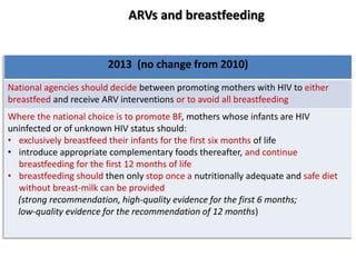 ARVs and breastfeeding 
2013 (no change from 2010) 
National agencies should decide between promoting mothers with HIV to either 
breastfeed and receive ARV interventions or to avoid all breastfeeding 
Where the national choice is to promote BF, mothers whose infants are HIV 
uninfected or of unknown HIV status should: 
• exclusively breastfeed their infants for the first six months of life 
• introduce appropriate complementary foods thereafter, and continue 
breastfeeding for the first 12 months of life 
• breastfeeding should then only stop once a nutritionally adequate and safe diet 
without breast-milk can be provided 
(strong recommendation, high-quality evidence for the first 6 months; 
low-quality evidence for the recommendation of 12 months) 
 