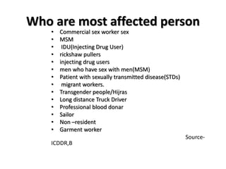 Who are most affected person
• Commercial sex worker sex
• MSM
• IDU(Injecting Drug User)
• rickshaw pullers
• injecting drug users
• men who have sex with men(MSM)
• Patient with sexually transmitted disease(STDs)
• migrant workers.
• Transgender people/Hijras
• Long distance Truck Driver
• Professional blood donar
• Sailor
• Non –resident
• Garment worker
Source-
ICDDR,B
 