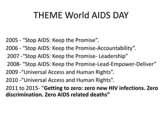 THEME World AIDS DAY
2005 - “Stop AIDS: Keep the Promise”.
2006 - “Stop AIDS: Keep the Promise-Accountability”.
2007 -“Stop AIDS: Keep the Promise- Leadership”
2008- “Stop AIDS: Keep the Promise-Lead-Empower-Deliver”
2009 -“Universal Access and Human Rights”.
2010 -“Universal Access and Human Rights”.
2011 to 2015- “Getting to zero: zero new HIV infections. Zero
discrimination. Zero AIDS related deaths”
 