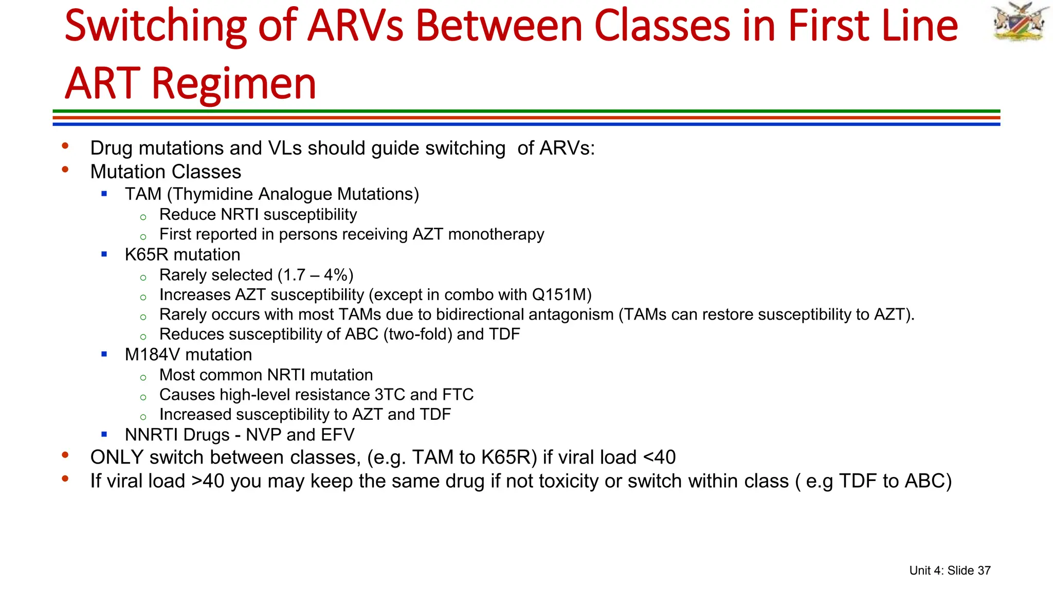 Unit 4: Slide 37
• Drug mutations and VLs should guide switching of ARVs:
• Mutation Classes
 TAM (Thymidine Analogue Mutations)
o Reduce NRTI susceptibility
o First reported in persons receiving AZT monotherapy
 K65R mutation
o Rarely selected (1.7 – 4%)
o Increases AZT susceptibility (except in combo with Q151M)
o Rarely occurs with most TAMs due to bidirectional antagonism (TAMs can restore susceptibility to AZT).
o Reduces susceptibility of ABC (two-fold) and TDF
 M184V mutation
o Most common NRTI mutation
o Causes high-level resistance 3TC and FTC
o Increased susceptibility to AZT and TDF
 NNRTI Drugs - NVP and EFV
• ONLY switch between classes, (e.g. TAM to K65R) if viral load <40
• If viral load >40 you may keep the same drug if not toxicity or switch within class ( e.g TDF to ABC)
Switching of ARVs Between Classes in First Line
ART Regimen
 