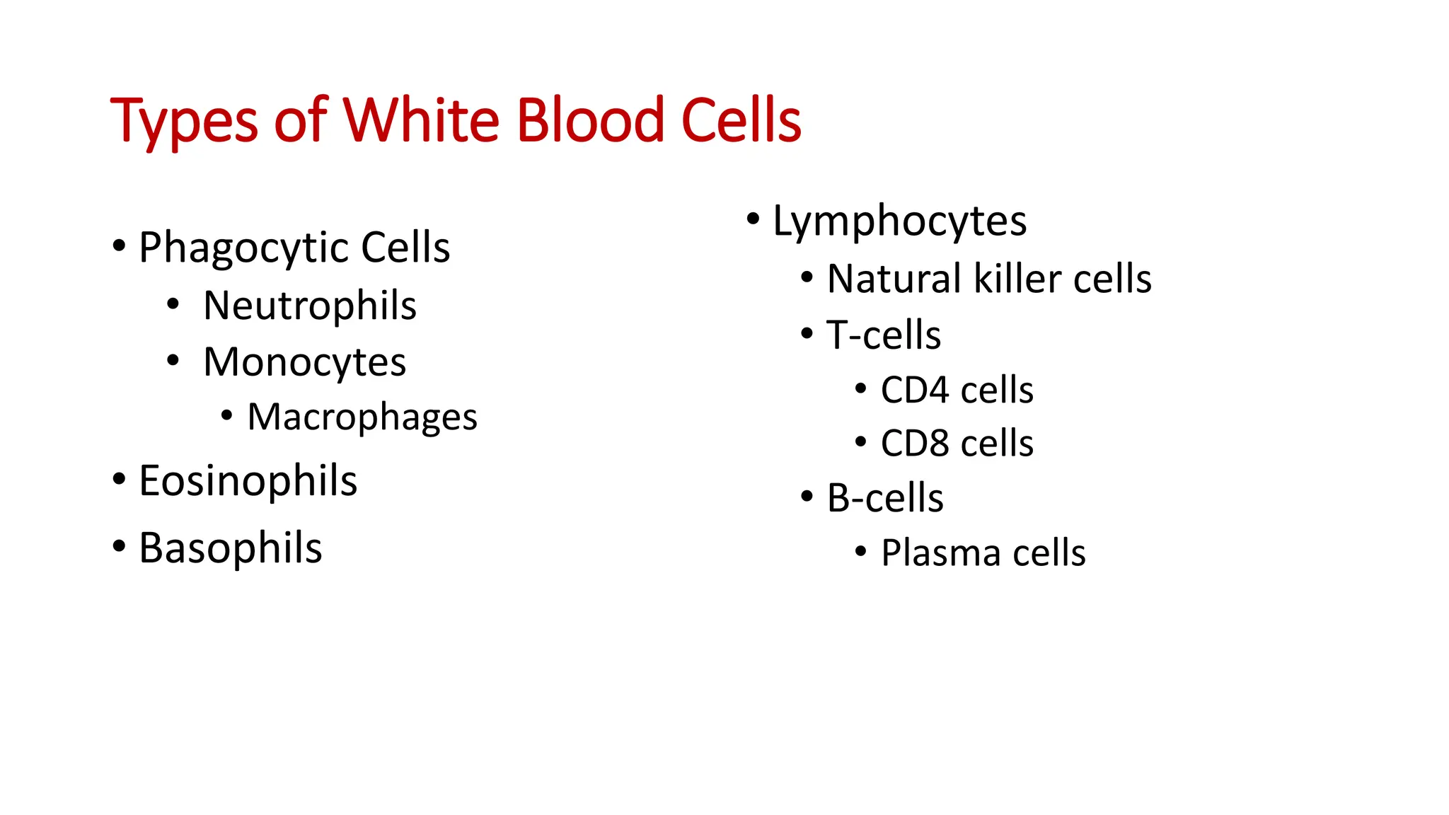 Types of White Blood Cells
• Phagocytic Cells
• Neutrophils
• Monocytes
• Macrophages
• Eosinophils
• Basophils
• Lymphocytes
• Natural killer cells
• T-cells
• CD4 cells
• CD8 cells
• B-cells
• Plasma cells
 