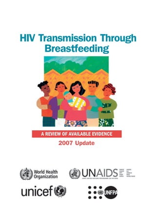 This publication is an update of the review of current knowledge on HIV transmission through
breastfeeding, with a focus on information made available between 2001 and 2007. It re-


                                                                                                 HIV Transmission Through
views scientific evidence on the risk of HIV transmission through breastfeeding, the impact
of different feeding options on child health outcomes, and conceivable strategies to reduce
HIV transmission through breastfeeding with an emphasis on the developing world.

                                                                                                      Breastfeeding

                       For further information, please contact:

                                World Health Organization
     Department of Child and Adolescent Health and Development (cah@who.int) or
                      Department of HIV/AIDS (hiv-aids@who.int) or
         Department of Nutrition for Health and Development (nutrition@who.int)
                      20 Avenue Appia, 1211 Geneva 27, Switzerland
                               website: http://www.who.int


                                          UNICEF
                          Nutrition Section – Programme Division
                                  3 United Nations Plaza
                                                                                                     A REVIEW OF AVAILABLE EVIDENCE
                   New York, New York 10017, United States of America                                       2007 Update
                                   Tel +1 212 326 7000




                                                                        ISBN 978 92 4 159659 6
 