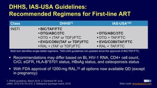 Class DHHS[1] IAS-USA*[2]
INSTI  BIC/TAF/FTC
 DTG/ABC/3TC
 DTG + (TAF or TDF)/FTC
 EVG/COBI/(TAF or TDF)/FTC
 RAL + (TAF or TDF)/FTC
 DTG/ABC/3TC
 DTG + TAF/FTC
 EVG/COBI/TAF/FTC
 RAL + TAF/FTC
DHHS, IAS-USA Guidelines:
Recommended Regimens for First-line ART
 Recommendations may differ based on BL HIV-1 RNA, CD4+ cell count,
CrCl, eGFR, HLA-B*5701 status, HBsAg status, and osteoporosis status
 With FDA approval of 1200-mg RAL,[3] all options now available QD (except
in pregnancy)
1. DHHS guidelines. March 2018. 2. Günthard HF, et al.
JAMA. 2016;316:191-210. 3. Raltegravir [package insert]. 2018.
Bold text identifies single-tablet regimens. *IAS-USA guidelines not updated since the approval of BIC/TAF/FTC.
Slide credit: clinicaloptions.com
 