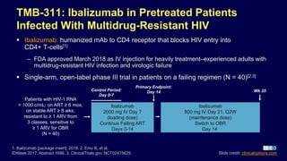 TMB-311: Ibalizumab in Pretreated Patients
Infected With Multidrug-Resistant HIV
 Ibalizumab: humanized mAb to CD4 receptor that blocks HIV entry into
CD4+ T-cells[1]
– FDA approved March 2018 as IV injection for heavily treatment–experienced adults with
multidrug-resistant HIV infection and virologic failure
 Single-arm, open-label phase III trial in patients on a failing regimen (N = 40)[2,3]
Patients with HIV-1 RNA
> 1000 c/mL; on ART ≥ 6 mos,
on stable ART ≥ 8 wks;
resistant to ≥ 1 ARV from
3 classes, sensitive to
≥ 1 ARV for OBR
(N = 40)
Wk 25
Ibalizumab
2000 mg IV Day 7
(loading dose)
Continue Failing ART
Days 0-14
Ibalizumab
800 mg IV Day 21, Q2W
(maintenance dose)
Switch to OBR
Day 14
Primary Endpoint:
Day 14Control Period:
Day 0-7
1. Ibalizumab [package insert]. 2018. 2. Emu B, et al.
IDWeek 2017. Abstract 1686. 3. ClinicalTrials.gov. NCT02475629. Slide credit: clinicaloptions.com
 