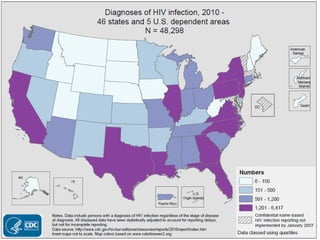 Slide 1: Diagnoses of HIV Infection, 2010 - 46 States and 5 U.S. Dependent Areas
In 2010, in the 46 states and 5 U.S. dependent areas with confidential name-based HIV infection
reporting since at least January 2007, the estimated number of diagnoses of HIV infection was 48,298.
The estimated number of diagnoses of HIV infection ranged from zero in American Samoa and the
Northern Mariana Islands to 6,417 in California.
 