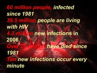 60 million people, infected
since 1981
39.5 million people are living
with HIV
4.3 million new infections in
2006
Over 28 million have died since
1981
Ten new infections occur every
minute
 