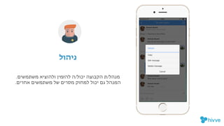 .‫משתמשים‬ ‫ולהוציא‬ ‫להזמין‬ ‫יכול/ה‬ ‫הקבוצה‬ ‫מנהל/ת‬

.‫אחרים‬ ‫משתמשים‬ ‫של‬ ‫מסרים‬ ‫למחוק‬ ‫יכול‬ ‫גם‬ ‫המנהל‬
!‫ל‬‫ניהו‬
 