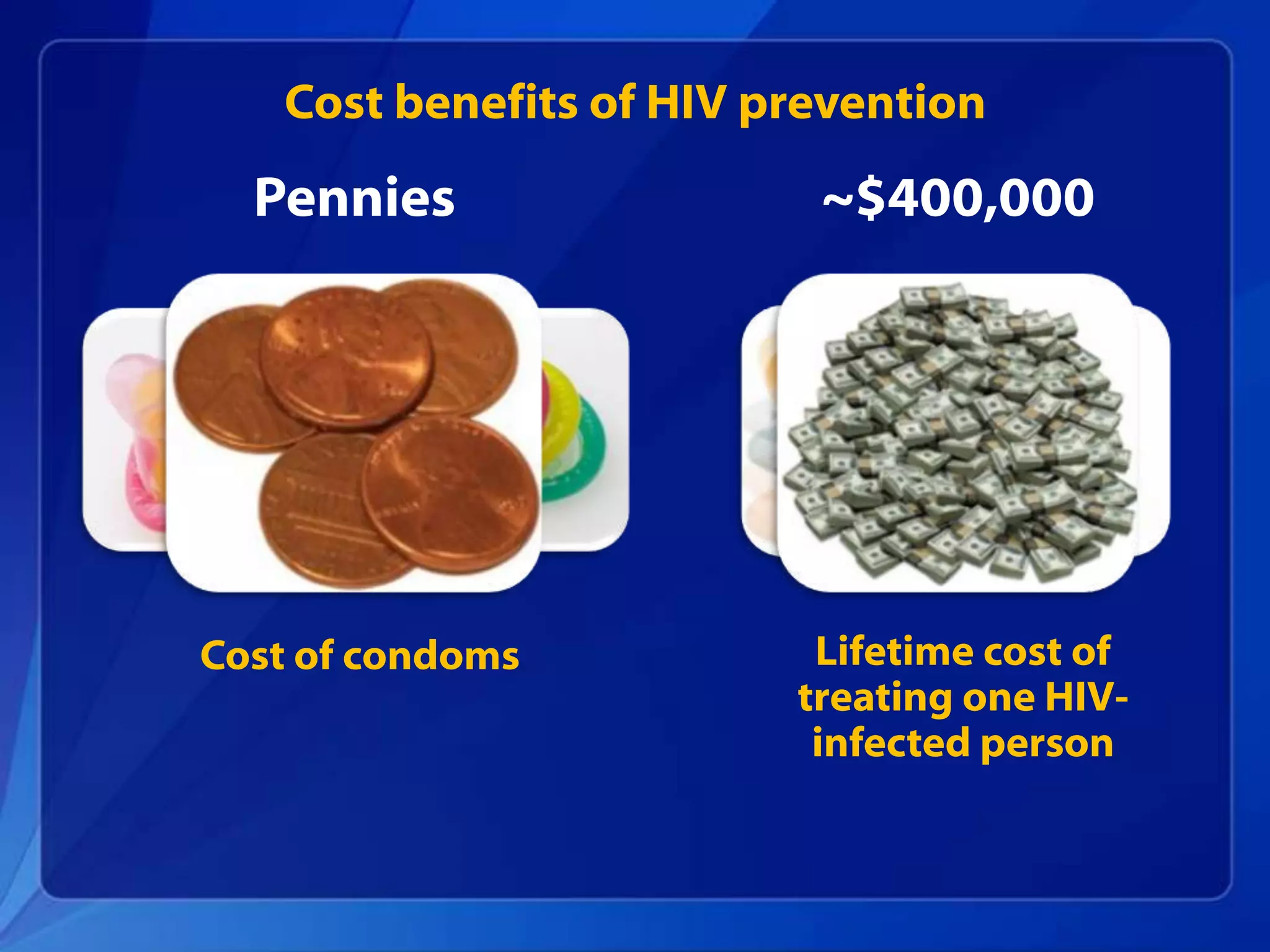 Cost benefits of HIV prevention
  Pennies                 ~$400,000




Cost of condoms           Lifetime cost of
                         treating one HIV-
                          infected person
 
