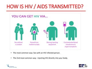 HOW IS HIV / AIDS TRANSMITTED?
• The most common way: Sex with an HIV infected person.
• The 2nd most common way: injecting HIV directly into your body.
 