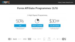 https://www.hiwayfx.com
3 High Payout Programmes Get up to 50% from your referrals
deposits! CPA Get up to 50% from your referrals deposits! You
deserve a fair share from the profit and you know it! PROFIT
SHARING You deserve a fair share from the profit and you know
it! The higher the volume the more money you get VOLUME
BASED The higher the volume the more money you get
Forex Affiliate Programmes (3/5)
 
