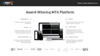 Multiplatform
Available for Windows,iOS,Android and Apple Devices
Flexible
Unlimited number of charts which can be plotted at
various time intervals
Analisis
Disediakan set lengkap alat-alat analisa teknik.
Kemungkinan untuk menerima berita pasar keuangan
secara online
Customisable
Possibility to create and user Scripts which enable
automatic execution of custom programmed trade
operations by only one instuction
Import/Export/Edit
Possibility to manage a local database of quotations
history with editing and export/import functions
Friendly & Secure
Friendly user interface with multilingual support have
established it as the best forex trading platform
https://www.hiwayfx.com
Award-Winning MT4 Platform
 