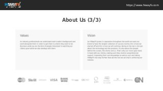Values
As industry professionals we understand each trader's
background and work alongside them in order to get them
to where they want to be. Business aside we are the kind
of people interested in watching our clients grow while we
also develop with them
Vision
As HiWayFX grows in reputation throughout the world we
want our brand to have the largest collection of success
stories; this is how we started off and this is how we will
continue. Being on the top is not just about the technology
and the products, it's also about the people behind the
screen, the clients and us. That's why our vision goes
hand in hand with our clients, making sure they receive
comprehensive support. Expanding their own knowledge
as well as ours and taking HiWayFX one step further than
all the rest are all vital in achieving our mission.
https://www.hiwayfx.com
About Us (3/3)
 