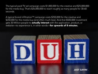 The typical paid TV ad campaign costs $1,000,000 for the creative and $25,000,000
for the media buy. That’s $26,000,000 to...