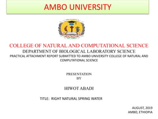 AMBO UNIVERSITY
COLLEGE OF NATURAL AND COMPUTATIONAL SCIENCE
DEPARTMENT OF BIOLOGICAL LABORATORY SCIENCE
PRACTICAL ATTACHMENT REPORT SUBMITTED TO AMBO UNIVERSITY COLLEGE OF NATURAL AND
COMPUTATIONAL SCIENCE
PRESENTATION
BY
HIWOT ABADI
TITLE: RIGHT NATURAL SPRING WATER
AUGUST, 2019
AMBO, ETHIOPIA
 