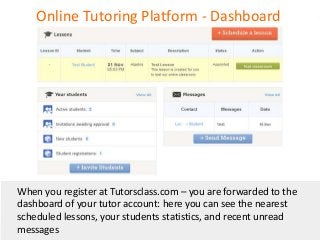 Online Tutoring Platform - Dashboard

When you register at Tutorsclass.com – you are forwarded to the
dashboard of your tutor account: here you can see the nearest
scheduled lessons, your students statistics, and recent unread
messages

 