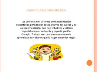 Aprendizaje kinestésico
Las personas con sistemas de representación
quinestésico perciben las cosas a través del cuerpo y de
la experimentación. Son muy intuitivos y valoran
especialmente el ambiente y la participación
Ejemplo: Trabajar con un alumno su modo de
aprendizaje con objetos que lo hagan entender mejor.
 