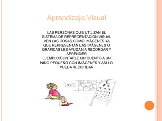 Aprendizaje Visual
LAS PERSONAS QUE UTILIZAN EL
SISTEMA DE REPRECENTACION VISUAL
VEN LAS COSAS COMO IMÁGENES YA
QUE REPRESENTAN LAS IMÁGENES O
GRAFICAS LES AYUDAN A RECORDAR Y
APRENDER
EJEMPLO:CONTARLE UN CUENTO A UN
NIÑO PEQUEÑO CON IMÁGENES Y ASI LO
PUEDA RECORDAR
 