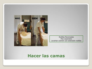 Hacer las camas
Rodillas flexionadas
Pies separados
Levantar colchón con extensión rodillas
 
