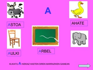 A
AHATE

ASTOA

AULKI
KLIKATU

ARBEL

A HIZKIAZ HASTEN DIREN MARRAZKIEN GAINEAN

 