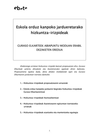 Eskola orduz kanpoko jardueretarako
hizkuntza-irizpideak
GURASO ELKARTEEK ABIAPUNTU MODUAN ERABIL
DEZAKETEN EREDUA

Ondorengo orrietan hizkuntza-irizpide batzuk proposatzen dira. Guraso
Elkarteak aztertu ditzakete eta ikastetxerako egokiak diren baloratu.
Proposamena egokia bada, dena delako moldaketak egin eta Guraso
Elkartearen jardunean txertatu daitezke.

1.- Hizkuntza-irizpideak proposatzearen arrazoiak
2.- Eskola orduz kanpoko jarduerei begirako hizkuntza-irizpideak
Guraso Elkartearentzat
3.- Hizkuntza-irizpideak hezitzaileentzat
4.- Hizkuntza-irizpideak ikastetxearen egituretan txertatzeko
urratsak

5.- Hizkuntza-irizpideak ezartzeko eta mantentzeko egutegia

1

 