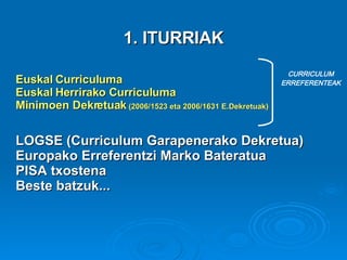 1. ITURRIAK Euskal Curriculuma Euskal Herrirako Curriculuma  Minimoen Dekretuak  (2006/1523 eta 2006/1631 E.Dekretuak) LOGSE (Curriculum Garapenerako Dekretua) Europako Erreferentzi Marko Bateratua PISA txostena Beste batzuk... CURRICULUM ERREFERENTEAK 